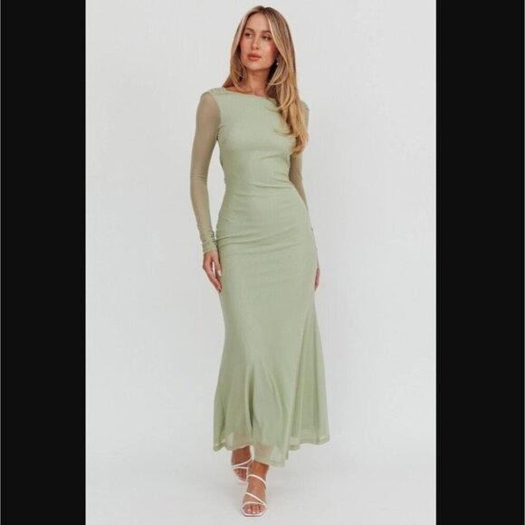 Here Comes the Sun Lustre Open Back Mesh Maxi Dress sz 10 Saige Green Fairy - Picture 1 of 11